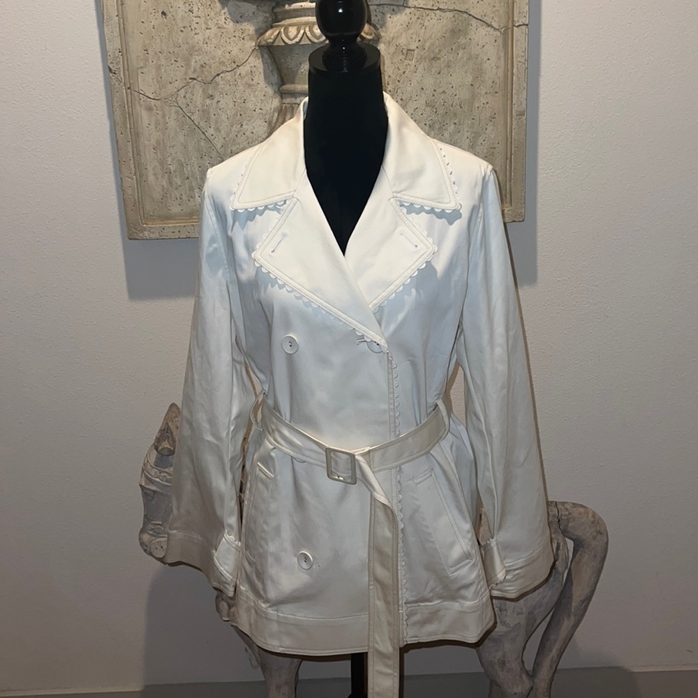 Susan Bristol double Breasted ivory belted light coat cotton blend‎ Sz L
